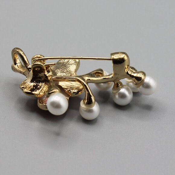 Pink flower pin brooch pendant jewelry white pearl yellow gold tone elegant new - Picture 10 of 10